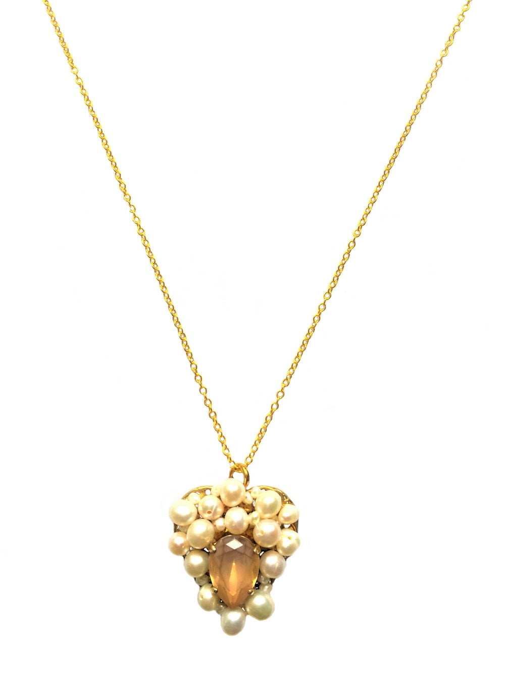 Gold Champagne  Heart Swarovski Crystals and Pearls Long Necklace